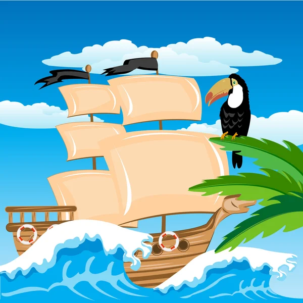 Sailing nave in tropic — Stock Vector