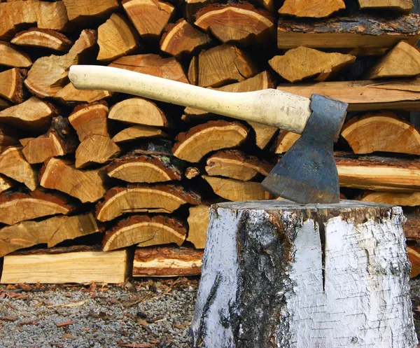 Tools axe and birch log — Stock Photo, Image