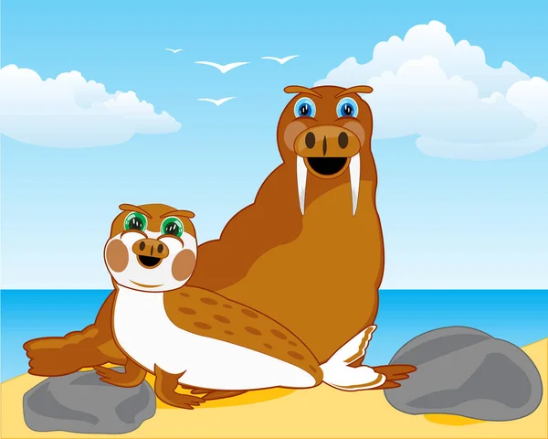 Морж и тюлень на берегу океана круглый год — стоковый вектор