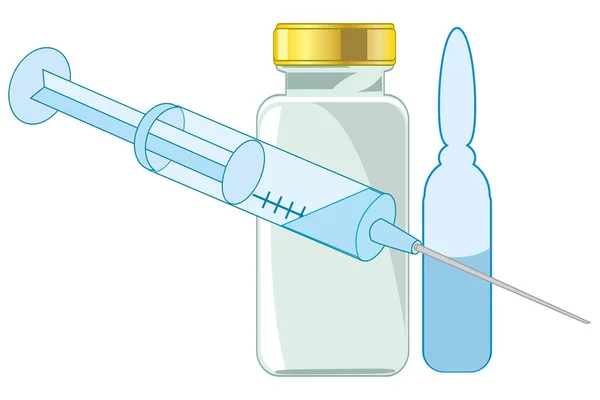 Jeringa médica y ampollas con preparación para el pinchazo — Vector de stock