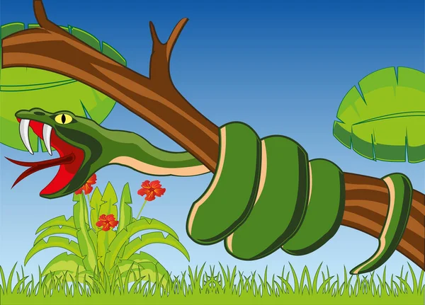 Δηλητηριώδες φίδι στο δέντρο στη φύση της ζούγκλας — Διανυσματικό Αρχείο