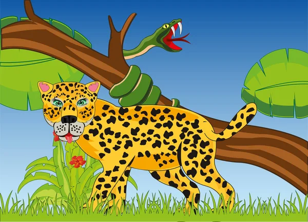 Wild animals leopard and snake in jungle — 图库矢量图片