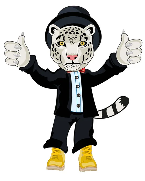 Snow snow leopard in fashionable suit cartoon — Stock Vector