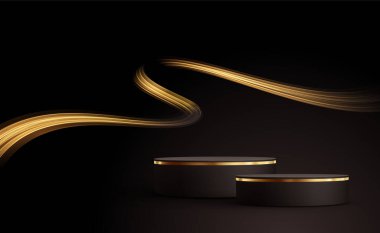 En az siyah sahne ve altın çizgiler. Siyah arka planda silindirik altın ve siyah podyum. Bir kozmetik ürünü göstermek için 3B aşama