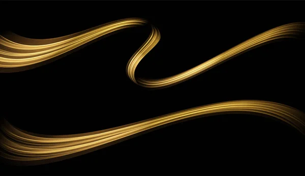 Absztrakt Arany Hullámok. Fényes arany mozgó vonalak design elem csillogó hatással sötét háttér üdvözlő kártya és disqount utalvány. — Stock Vector