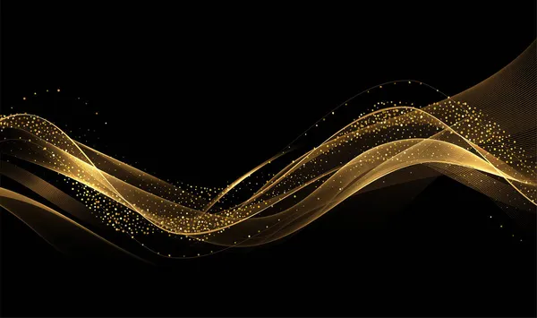 Ondas de oro abstractas. Brillante elemento de diseño de líneas móviles doradas con efecto brillo sobre fondo oscuro para tarjeta de felicitación y voucher disqount. — Vector de stock