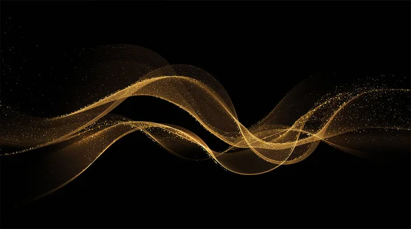 Ondas de oro abstractas. Brillante elemento de diseño de líneas móviles doradas con efecto brillo sobre fondo oscuro para tarjeta de felicitación y voucher disqount. — Archivo Imágenes Vectoriales