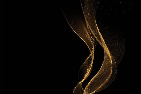 Onde d'oro astratte. Luminose linee mobili dorate elemento di design con effetto glitter su sfondo scuro per biglietto di auguri e voucher disqount. — Vettoriale Stock