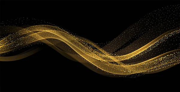 Streszczenie Złotych Fal. Błyszczące złote linie ruchome element projektu z efektem brokatu na ciemnym tle dla karty okolicznościowej i bonu disqount. — Wektor stockowy