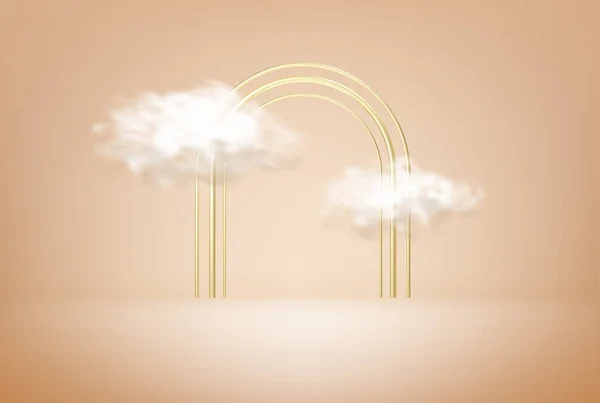 Podio decorado con nubes realistas sobre fondo pastel — Vector de stock