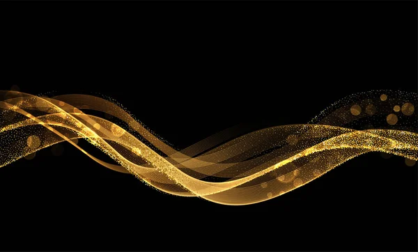 Абстрактные Золотые волны. Элемент дизайна блестящих золотых линий с эффектом блеска на темном фоне для поздравительной открытки и ваучера. — стоковый вектор