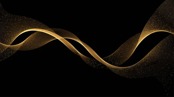 Ondas de oro abstractas. Brillante elemento de diseño de líneas móviles doradas con efecto brillo sobre fondo oscuro para tarjeta de felicitación y voucher disqount. — Vector de stock