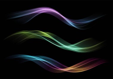 Soyut Dalgalar. Hediye, tebrik kartı ve muhalif kupon için koyu arkaplan üzerinde parlak hareketli çizgiler tasarımı ögesi. Vektör İllüstrasyonu