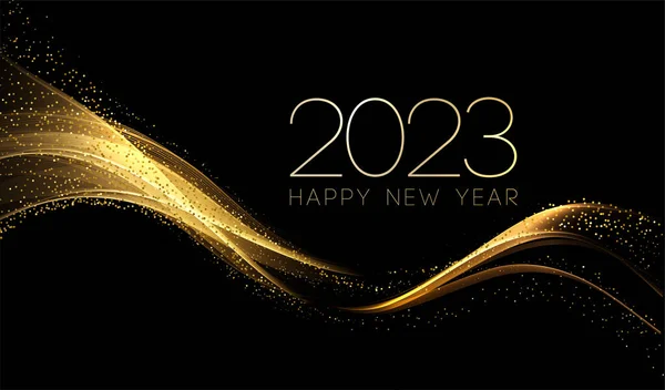 2023 Happy New year with Abstract shiny color gold swirl design element and glitter effect on dark background. Round frame For Calendar, poster design