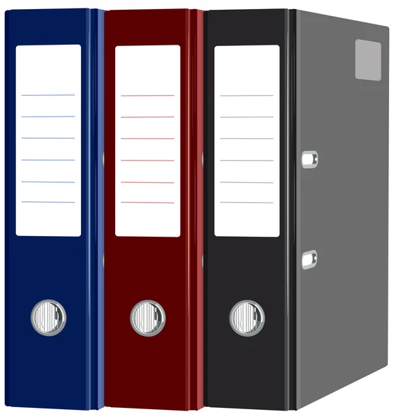 Schreibwaren rot, blau, schwarze Ordner mit Dokumenten isoliert — Stockvektor