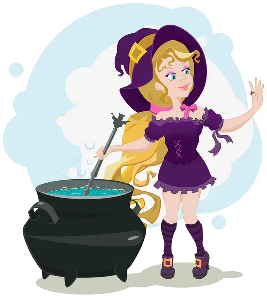 Cute witch cooks potion and admires ring — Stock Vector