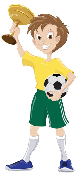 Счастливый футбольный фанат держит кубок и мяч — стоковый вектор