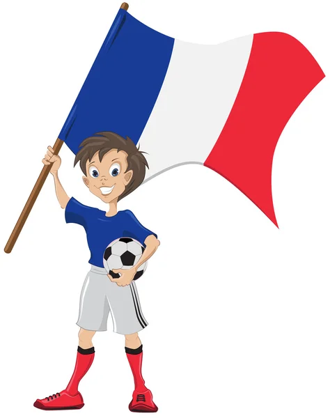 Felice tifoso di calcio detiene bandiera Francia — Vettoriale Stock