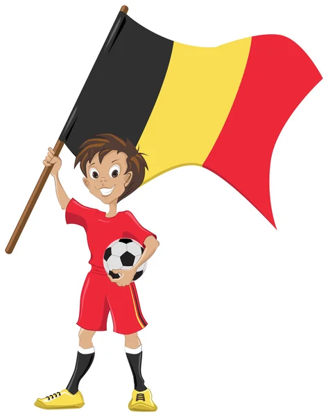 Futbolista feliz sostiene bandera de Bélgica — Archivo Imágenes Vectoriales