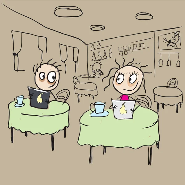 Девушка в кафе флиртует с глазками. Векторная карикатура — стоковый вектор