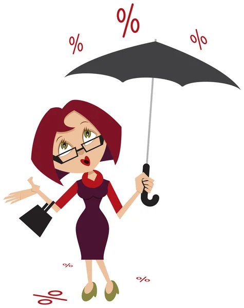 우산을 가진 여자입니다. 비의 % — 스톡 벡터