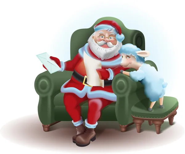 Santa claus zit in een stoel en het lezen van een brief schaap — Stockfoto