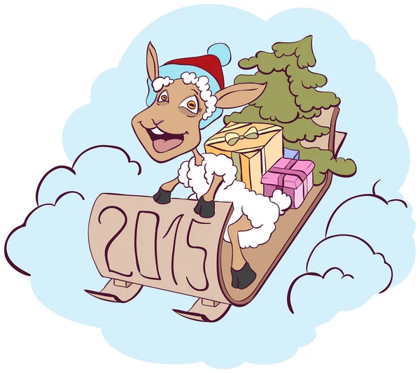 Sheep on a sledge with gifts. Symbol 2015 — Stock Vector