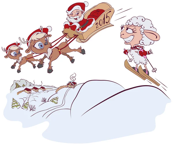 Reno de Navidad, Papá Noel y una oveja. Símbolo 2015 — Vector de stock