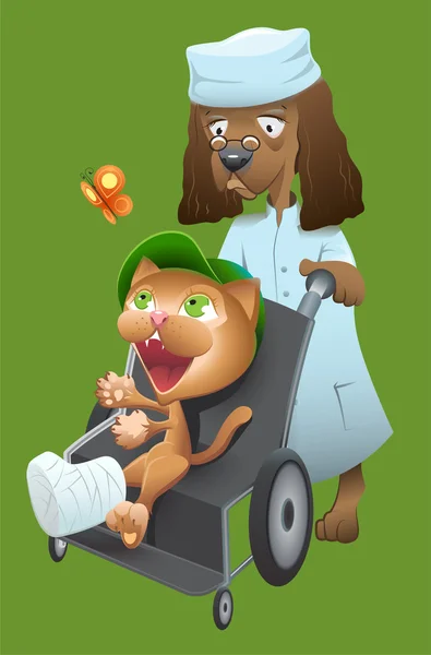 Chien vétérinaire porte un chat dans un fauteuil roulant — Image vectorielle