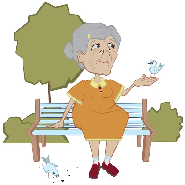 Großmutter auf der Bank füttert Vögel — Stockvektor