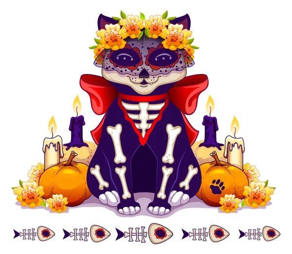 Skelet kat symbool feestdag van de dood in Mexico. Dia de Muertos wenskaart sjabloon — Stockvector