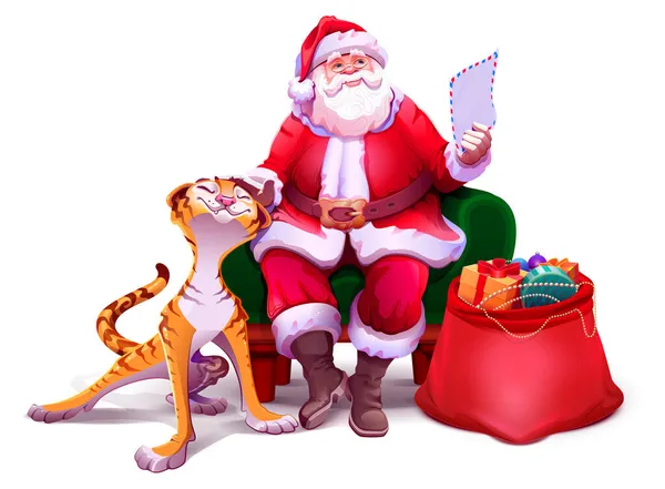 Père Noël assis sur la chaise lisant la lettre et caressant le tigre. Tigre symbole 2022 nouvelle année et Noël — Image vectorielle