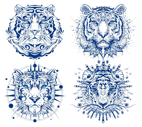 Définir tigre abstrait face impression de tête. 2022 année symbole chinois calendrier eau tigre — Image vectorielle