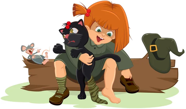Menina bruxa coloca um gato preto — Vetor de Stock
