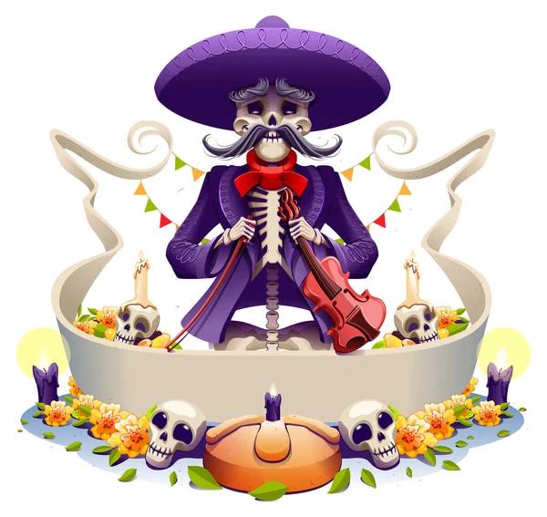 Dia de los muertos mexican holiday skeleton old man musician violin. Day of Dead greeting card — Stock Vector