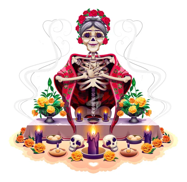 Tarjeta de felicitación Day of Dead plantilla. Dia de los muertos mexicana vacaciones esqueleto anciana abuela mujer — Vector de stock