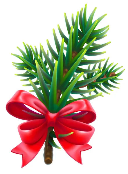 Verde soffice ramo di abete rosso e fiocco di Natale rosso — Vettoriale Stock