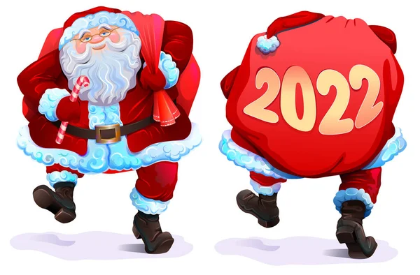 Santa claus vista frontal y vista trasera contorno idéntico. Navidad y Año Nuevo 2022 bolsa de regalo — Vector de stock