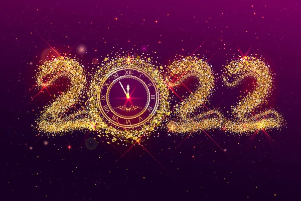 Feliz Natal e feliz ano novo 2022 número. Relógio redondo discar meia-noite céu estrela dourada —  Vetores de Stock