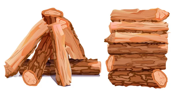 Ξηρά τεμαχισμένα καυσόξυλα ξύλινα κούτσουρα φωτιά απομονώνονται σε λευκό — Διανυσματικό Αρχείο