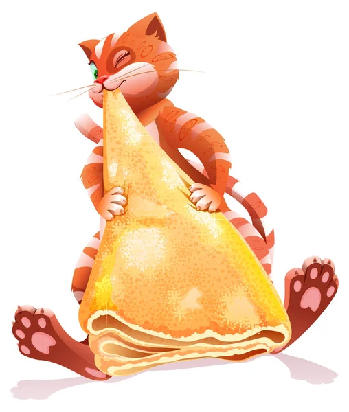 Ginger cute tabby pet cat hold and eat pancake symbol mardi gras — Stockvektor