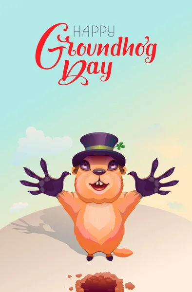 Happy groundhog day greeting card template. Cute groundhog welcome spring text ornate lettering — Archivo Imágenes Vectoriales