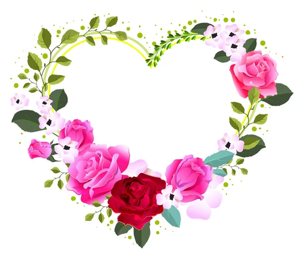 Vermelho rosa flor símbolo de amor. Modelo de moldura de forma de coração cartão de saudação dia dos namorados — Vetor de Stock