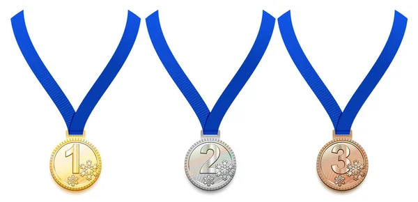 Setați medalia de aur, argint și bronz pe panglică albastră. Premiul pentru jocuri sportive de iarnă — Vector de stoc