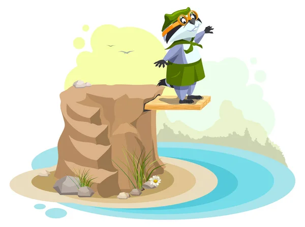 Boy scout animal raccoon jump into water from diving board jumping — Stock Vector