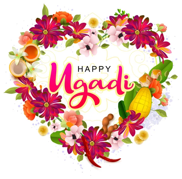 Texto de la tarjeta de felicitación de vacaciones indias ugadi feliz. Guirnalda de flores Mala forma de corazón — Archivo Imágenes Vectoriales