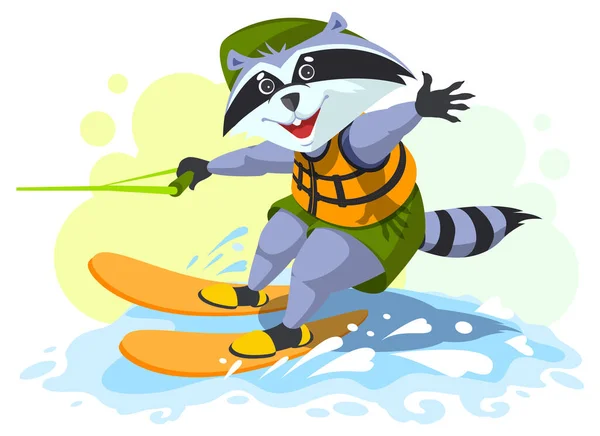 Fun animal raton laveur boy scout tour ski nautique — Image vectorielle