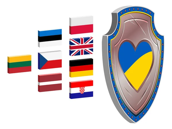 Ουκρανία χάλυβα ασπίδα σχήμα καρδιά ευρωπαϊκή σημαία που απομονώνονται σε λευκό — Διανυσματικό Αρχείο