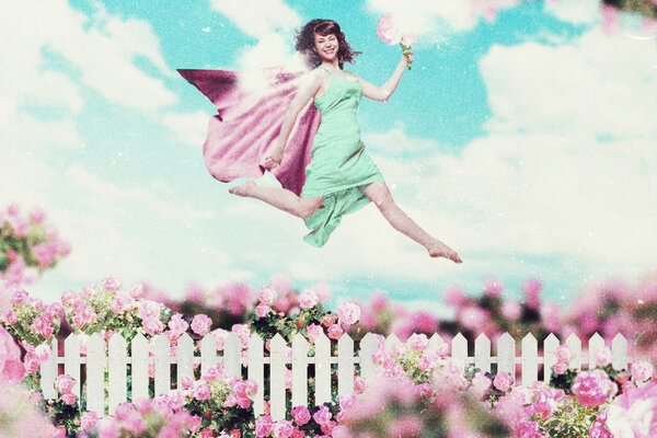 Коллаж с красивыми женщинами в саду
