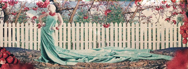 Collage d'art avec belle femme dans le jardin — Photo